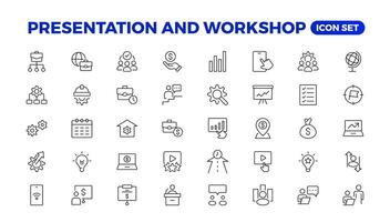 Workshop icon set. Containing team building, collaboration, teamwork, coaching, problem-solving and education icons.Business presentation line icons Presentation, business, seminar, partnership, goals vector