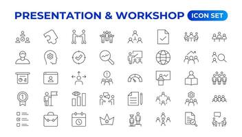 Workshop icon set. Containing team building, collaboration, teamwork, coaching, problem-solving and education icons.Business presentation line icons Presentation, business, seminar, partnership, goals vector