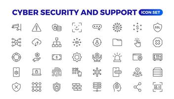 Cyber security and support icon set. Data protection symbol. Secured network collection. Technology concept. illustration. Customer Service and Support - Outline Icon Collection. vector