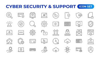 Cyber security and support icon set. Data protection symbol. Secured network collection. Technology concept. illustration. Customer Service and Support - Outline Icon Collection. vector