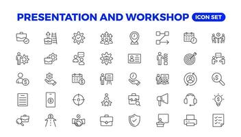 Workshop icon set. Containing team building, collaboration, teamwork, coaching, problem-solving and education icons.Business presentation line icons Presentation, business, seminar, partnership, goals vector