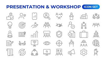 Workshop icon set. Containing team building, collaboration, teamwork, coaching, problem-solving and education icons.Business presentation line icons Presentation, business, seminar, partnership, goals vector