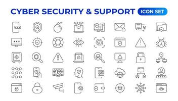 Cyber security and support icon set. Data protection symbol. Secured network collection. Technology concept. illustration. Customer Service and Support - Outline Icon Collection. vector