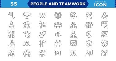 People and teamwork line icons set. Business teamwork, team building, work group and human resources,Business teamwork, human resources, meeting, partnership, meeting, work group, success - stock vector