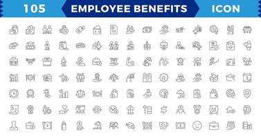 EMPLOYEE BENEFITS LINE ICON SET, Pay raise, maternity rest, health and life insurance, paid vacation, social security icons and more signs. Flat icon collection. vector