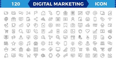 grande conjunto digital márketing web iconos, contenido, buscar, marketing, comercio electrónico, SEO, electrónico dispositivos, Internet, análisis, social y más línea icono. vector