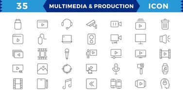 Multimedia and Production icon set. Cinema icon set. Movie sign collection. Set of cinema, movie, collection film, TV, Outline icon set collection. vector