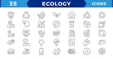 eco simpático relacionado Delgado línea icono conjunto en mínimo estilo. lineal ecología iconos ambiental sustentabilidad sencillo símbolo. editable ataque, píxel Perfecto. vector