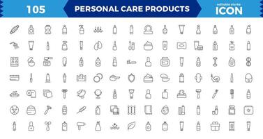 outline icons related to personal care products. Linear icon collection,Skin care line icons set. Moisture cream, acid, anti wrinkle serum. vector