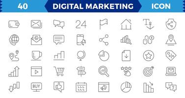 grande conjunto digital márketing web iconos, contenido, buscar, marketing, comercio electrónico, SEO, electrónico dispositivos, Internet, análisis, social y más línea icono. vector