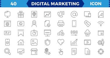 grande conjunto digital márketing web iconos, contenido, buscar, marketing, comercio electrónico, SEO, electrónico dispositivos, Internet, análisis, social y más línea icono. vector