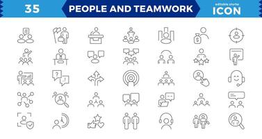 personas y trabajo en equipo línea íconos colocar. negocio trabajo en equipo, equipo edificio, trabajo grupo y humano recursos,negocios trabajo en equipo, humano recursos, reunión, camaradería, reunión, trabajo grupo, éxito - vector