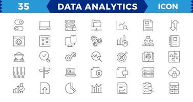 datos analítica web íconos conjunto en Delgado línea diseño. paquete de base de datos, grande datos proceso, mejoramiento, respaldo, gráfico . vector