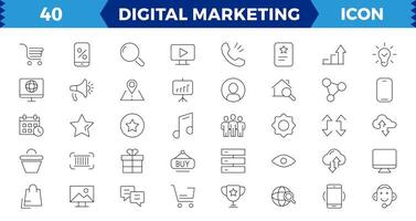 grande conjunto digital márketing web iconos, contenido, buscar, marketing, comercio electrónico, SEO, electrónico dispositivos, Internet, análisis, social y más línea icono. vector