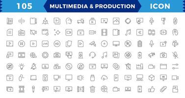 Multimedia and Production icon set. Cinema icon set. Movie sign collection. Set of cinema, movie, collection film, TV, Outline icon set collection. vector