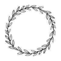 Wreath with branch and leaves. Botanical round border on isolated background in linear style painted by black inks. Monochrome circular Frame for wedding invitations or greeting cards vector