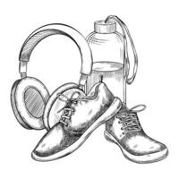 zapatillas con agua botella y auriculares en aislado antecedentes. ilustración con hembra aptitud equipo. lineal dibujo de Deportes Zapatos para mujer y auriculares para icono o logo vector