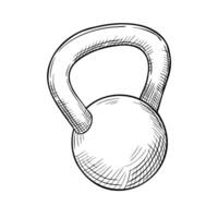 Kettlebell illustration. Outline drawing of dumbbell painted by black inks. Drawing of Fitness equipment in linear style. Engraving of round weight for physical power training. Etching. vector