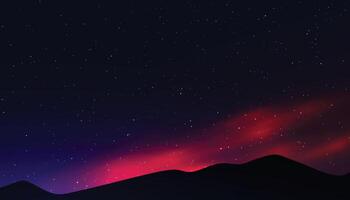 Starry night sky, mountains landscape, magic fields. Dark moon, backdrop with star galaxy, sparkle universe. Realistic clouds and glowing stars. Banner template. exact background vector