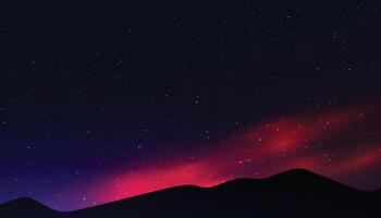 Starry night sky, mountains landscape, magic fields. Dark moon, backdrop with star galaxy, sparkle universe. Realistic clouds and glowing stars. Banner template. exact background vector