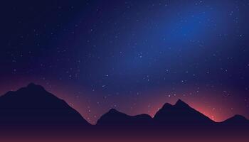 Starry night sky, mountains landscape, magic fields. Dark moon, backdrop with star galaxy, sparkle universe. Realistic clouds and glowing stars. Banner template. exact background vector