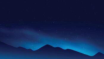 Starry night sky, mountains landscape, magic fields. Dark moon, backdrop with star galaxy, sparkle universe. Realistic clouds and glowing stars. Banner template. exact background vector