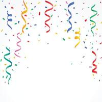 Colorful confetti and serpentine ribbons falling from above. Streamers, tinsel seamless frame border background in simple flat cartoon modern style. vector