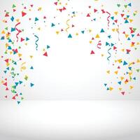 Colorful confetti and serpentine ribbons falling from above. Streamers, tinsel seamless frame border background in simple flat cartoon modern style. vector