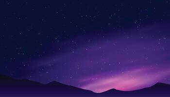 Starry night sky, mountains landscape, magic fields. Dark moon, backdrop with star galaxy, sparkle universe. Realistic clouds and glowing stars. Banner template. exact background vector