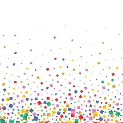 Colorful confetti and serpentine ribbons falling from above. Streamers, tinsel seamless frame border background in simple flat cartoon modern style.