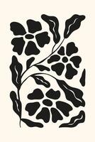 Minimalist flowers and wriggling leaves in black color in Matisse style. Contemporary floral template for interior decoration, banner, cover, print, postcard. vector