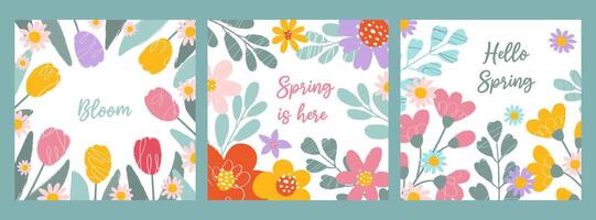 Set 3 floral festive square cards on white background with typography in flat style. Springtime concept. Hand drawn flowers and leaves. Grunge textures, scribbles, pencil strokes and rough edges. vector