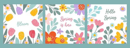 conjunto 3 floral festivo cuadrado tarjetas en blanco antecedentes con tipografía en plano estilo. primavera concepto. mano dibujado flores y hojas. grunge texturas, garabatos, lápiz golpes y áspero bordes vector