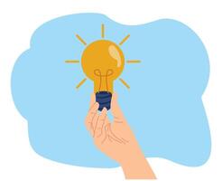 hand of man holding illuminated light bulb for idea illustration or innovation and thinking concept vector