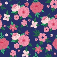 Seamless pattern of pink flowers on a blue background. graphics. vector