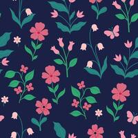 Seamless pattern of pink flowers on a blue background. graphics. vector