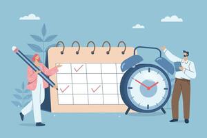 Effective organization of time at work, Managers team organize project calendar. Work planning, Time control, Reminder, Business team organizes professional planning calendar. illustration. vector