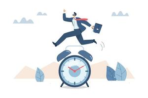 Effective time management skill, Time management Intelligent proper planning, Punctuality, Working on time, Businessman jumps over a large clock. design illustration. vector