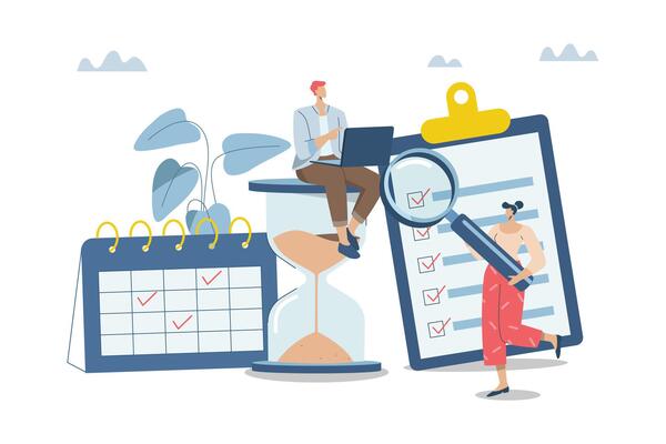 Effective organization of time at work, Managers team organize project calendar. Work planning, Time control, Reminder, Business team organizes professional planning calendar. illustration.