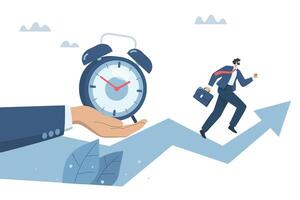 cuenta regresiva firmar en grande reloj, jefe conjuntos hora para empleados a realizar Tareas en hora en un profesional manera, sincronización concepto, organizar eficiente negocio, empresario Razas en contra tiempo. diseño. vector