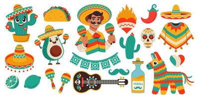 Cinco de Mayo sticker set, May 5, federal holiday in Mexico. Fiesta banner and poster design with flags, decorations vector