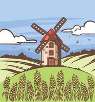 Rural landscape with hay bales and classic windmill sunny day agriculture farm field countryside background illustration. vector