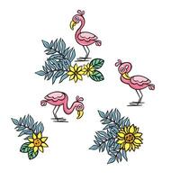 Set with flamingos and tropical flowers, illustration vector