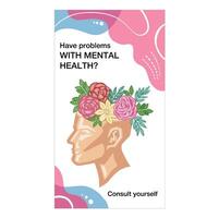 Banner mental health blossoms, cartoon illustration vector