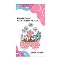 conjunto de mental salud carteles cabeza con un flor y un floreciente cerebro. emocional salud y conciencia. dibujos animados plano ilustración aislado en antecedentes vector