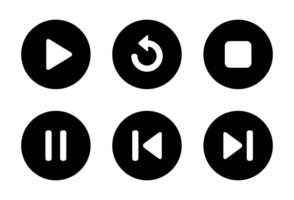 Play, replay, stop, pause, previous, and next track icon on black circle vector