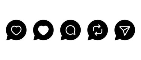 Like, love, comment, repost, and share icon on speech bubbles. Social media elements vector