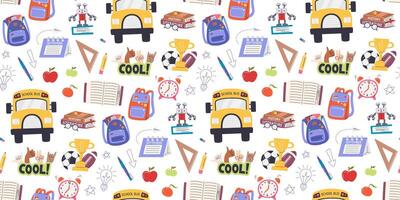 Back to school seasonal horizontal repeating wallpaper. Cute school elements seamless pattern isolated on white background. Wrapping paper print design. Education hand drawn flat illustration vector