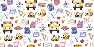 Back to school seasonal horizontal repeating wallpaper. Cute school elements seamless pattern isolated on white background. Wrapping paper print design. Education hand drawn flat illustration vector