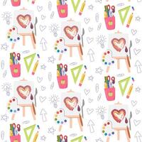 Supplies seamless pattern for creative art classes. Education concept print design. University and college related repeating background. Back to school hand drawn flat illustration isolated vector